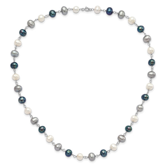 Sterling Silver Rhodium-plated 6-8mm White, Grey and Black Semi-Round Freshwater Cultured Pearl 18 inch Necklace and 7.25 inch Bracelet and 3-piece Button Post Earrings Set