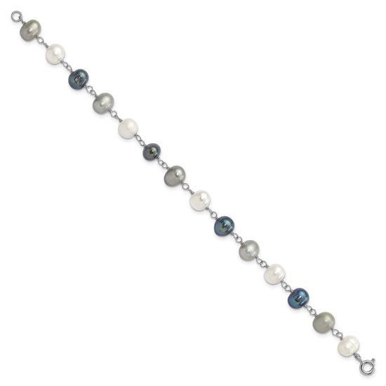 Sterling Silver Rhodium-plated 6-8mm White, Grey and Black Semi-Round Freshwater Cultured Pearl 18 inch Necklace and 7.25 inch Bracelet and 3-piece Button Post Earrings Set