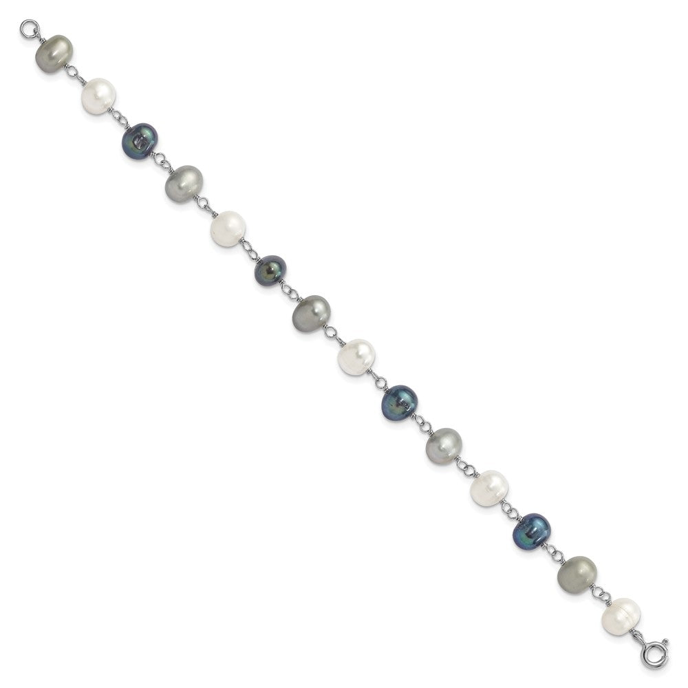 Sterling Silver Rhodium-plated 6-8mm White, Grey and Black Semi-Round Freshwater Cultured Pearl 18 inch Necklace and 7.25 inch Bracelet and 3-piece Button Post Earrings Set