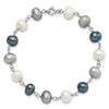 Sterling Silver Rhodium-plated 6-8mm White, Grey and Black Semi-Round Freshwater Cultured Pearl 18 inch Necklace and 7.25 inch Bracelet and 3-piece Button Post Earrings Set