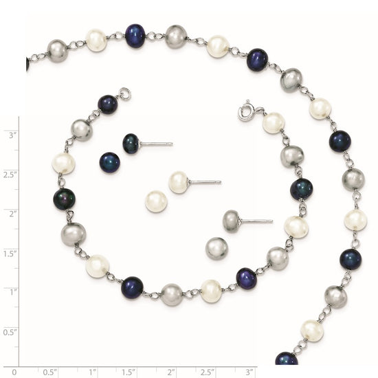 Sterling Silver Rhodium-plated 6-8mm White, Grey and Black Semi-Round Freshwater Cultured Pearl 18 inch Necklace and 7.25 inch Bracelet and 3-piece Button Post Earrings Set