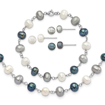 Sterling Silver Rhodium-plated 6-8mm White, Grey and Black Semi-Round Freshwater Cultured Pearl 18 inch Necklace and 7.25 inch Bracelet and 3-piece Button Post Earrings Set