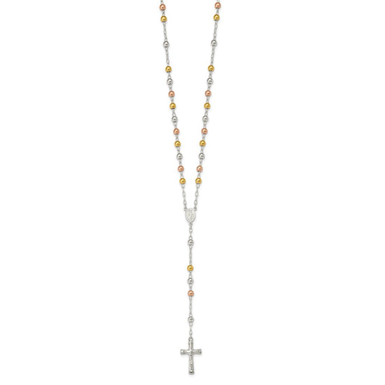 Sterling Silver Polished Rosary Tri-color Beads Necklace