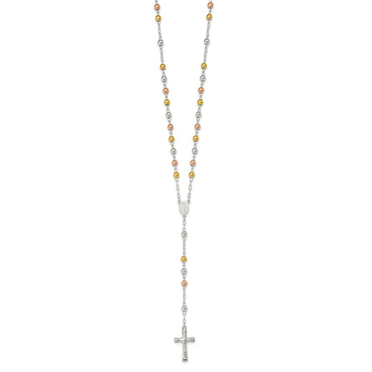 Sterling Silver Polished Rosary Tri-color Beads Necklace