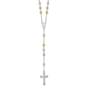 Sterling Silver Polished Rosary Tri-color Beads Necklace