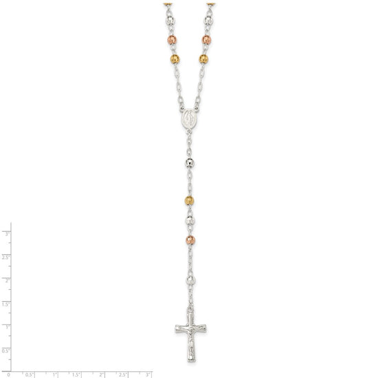 Sterling Silver Tri-color Polished Textured Bead Rosary 26 inch Necklace