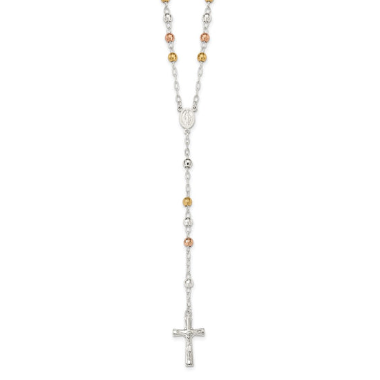 Sterling Silver Tri-color Polished Textured Bead Rosary 26 inch Necklace