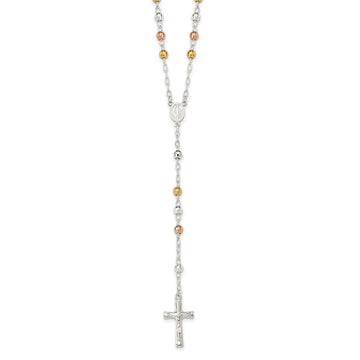 Sterling Silver Tri-color Polished Textured Bead Rosary 26 inch Necklace