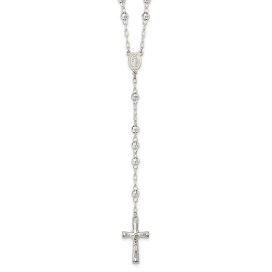 Sterling Silver Polished and Textured Bead Rosary 26 inch Necklace