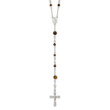 Sterling Silver Polished Tiger Eye Bead Rosary 33 inch Necklace