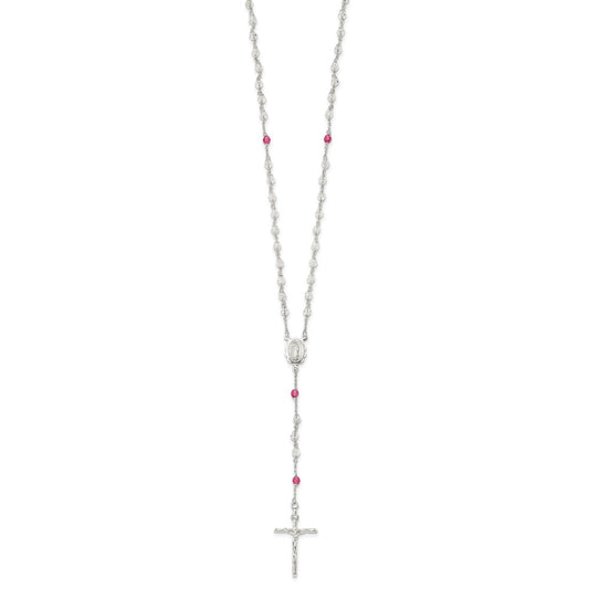 Sterling Silver Polished Crystal Rose Quartz Rosary Necklace