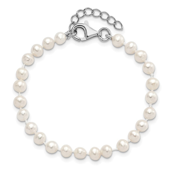 Sterling Silver Rhodium-plated 4-5mm White Semi-Round Freshwater Cultured Pearl 14 inch Necklace, 5 inch Bracelet and Post Earrings Set