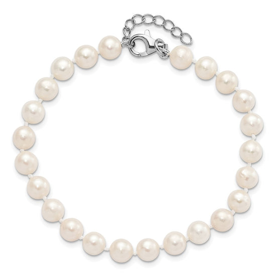 Sterling Silver Rhodium-plated 6-7mm White Semi-Round Freshwater Cultured Pearl 18 inch with 2 inch Extension Necklace, 7 inch Bracelet and Button Post Earrings Set