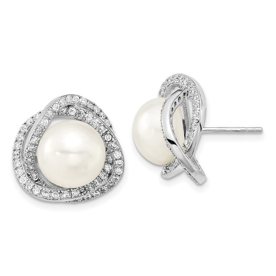 Sterling Silver Rhodium-plated 10-12mm White Button Freshwater Cultured Pearl and CZ 17 inch Necklace and Post Earrings Set