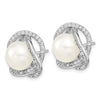 Sterling Silver Rhodium-plated 10-12mm White Button Freshwater Cultured Pearl and CZ 17 inch Necklace and Post Earrings Set