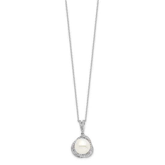 Sterling Silver Rhodium-plated 10-12mm White Button Freshwater Cultured Pearl and CZ 17 inch Necklace and Post Earrings Set