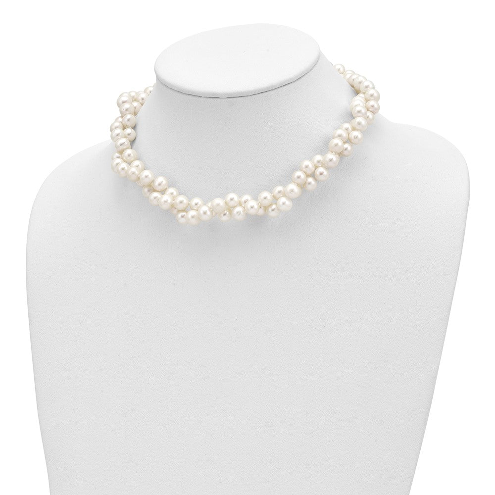 Sterling Silver Rhodium-plated 7.5-8.5mm White Semi-Round Freshwater Cultured Pearl 2-Strand 17 inch Necklace