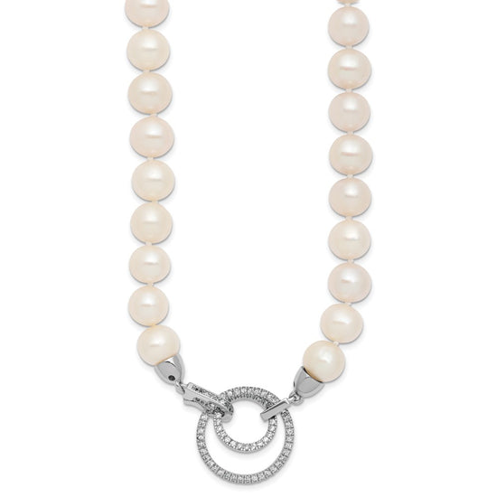 Sterling Silver Rhodium-plated 10-11mm White Near-Round Freshwater Cultured Pearl and CZ Clasp Adjustable 19.5 inch Necklace