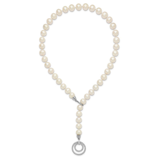 Sterling Silver Rhodium-plated 10-11mm White Near-Round Freshwater Cultured Pearl and CZ Clasp Adjustable 19.5 inch Necklace