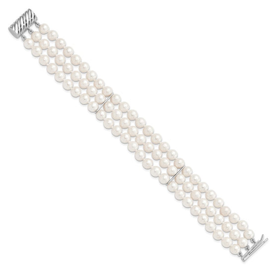 Sterling Silver Rhodium-plated 6-7mm White Near-Round Freshwater Cultured Pearl 3-Strand 7.5 inch Bracelet