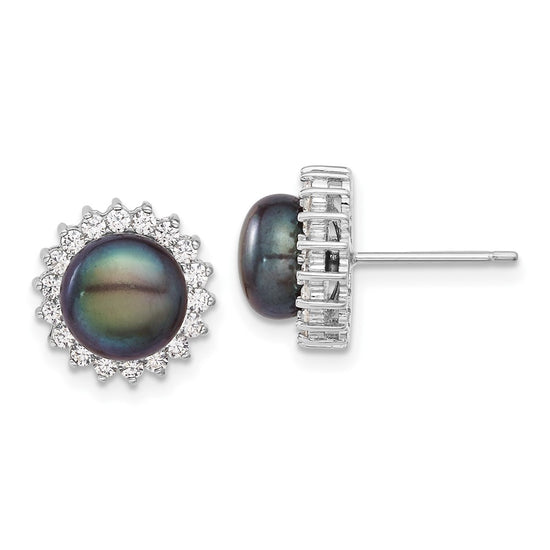 Sterling Silver Rhodium-plated 8-9mm Black Button Freshwater Cultured Pearl and CZ 17 inch Necklace and Post Earrings Set
