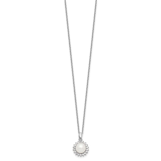 Sterling Silver Rhodium-plated 8-9mm White Button Freshwater Cultured Pearl and CZ 17 inch Necklace and Post Earrings Set