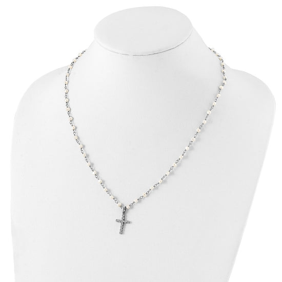 Sterling Silver Rhodium-plated 4-5mm White Near-Round Freshwater Cultured Pearl and CZ Cross 21 inch Necklace