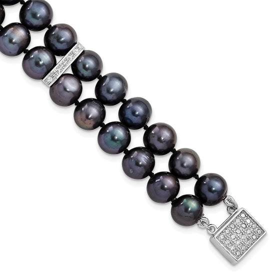 Sterling Silver Rhodium-plated 7-8mm Black Near-Round Freshwater Cultured Pearl and CZ 2-strand 7.5 inch Bracelet