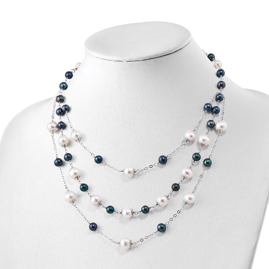 Sterling Silver Rhodium-plated 6-10mm White and Black Freshwater Cultured Pearl Layered 17 inch with 2 inch Extension Necklace