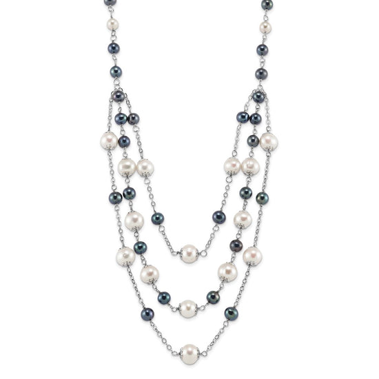 Sterling Silver Rhodium-plated 6-10mm White and Black Freshwater Cultured Pearl Layered 17 inch with 2 inch Extension Necklace