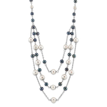 Sterling Silver Rhodium-plated 6-10mm White and Black Freshwater Cultured Pearl Layered 17 inch with 2 inch Extension Necklace