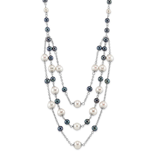 Sterling Silver Rhodium-plated 6-10mm White and Black Freshwater Cultured Pearl Layered 17 inch with 2 inch Extension Necklace