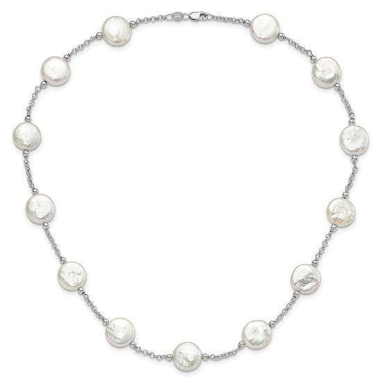Sterling Silver Rhodium-plated 12-13mm White Coin Freshwater Cultured Pearl 13-station 18 inch Necklace
