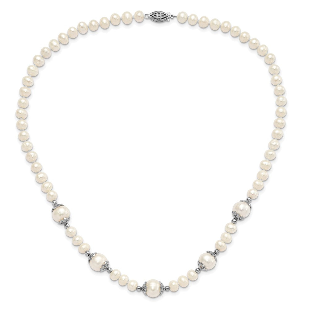 Sterling Silver Rhodium-plated 6-9mm White Freshwater Cultured Pearl 5-station 18 inch Necklace