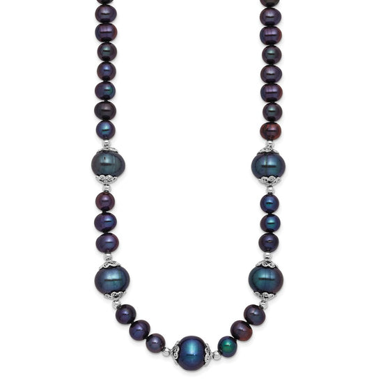 Sterling Silver Rhodium-plated 6-9mm Black Near Round Freshwater Cultured Pearl 5-station 18 inch Necklace
