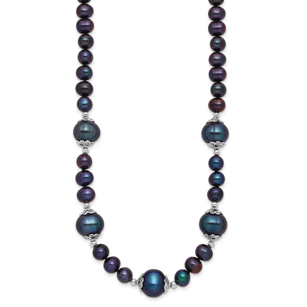 Sterling Silver Rhodium-plated 6-9mm Black Near Round Freshwater Cultured Pearl 5-station 18 inch Necklace