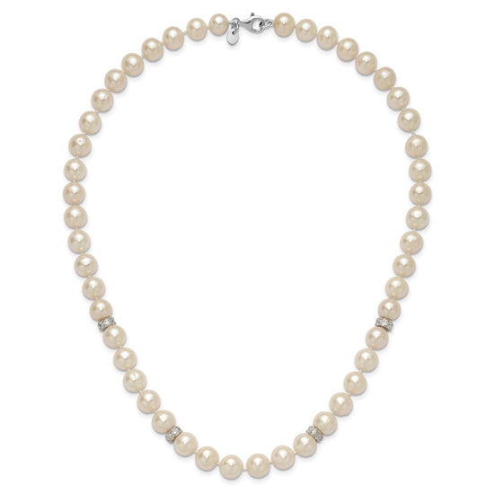Sterling Silver Rhodium-plated 9-10mm White Near-Round Freshwater Cultured Pearl and CZ 18 inch Necklace