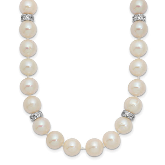 Sterling Silver Rhodium-plated 9-10mm White Near-Round Freshwater Cultured Pearl and CZ 18 inch Necklace