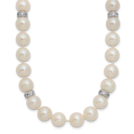 Sterling Silver Rhodium-plated 9-10mm White Near-Round Freshwater Cultured Pearl and CZ 18 inch Necklace