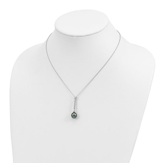 Sterling Silver Rhodium-plated 9-10mm Black Teardrop Tahitian Saltwater Pearl and CZ 17 inch Necklace and Post Dangle Earrings Set