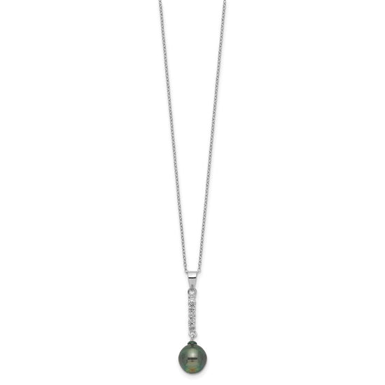 Sterling Silver Rhodium-plated 9-10mm Black Teardrop Tahitian Saltwater Pearl and CZ 17 inch Necklace and Post Dangle Earrings Set