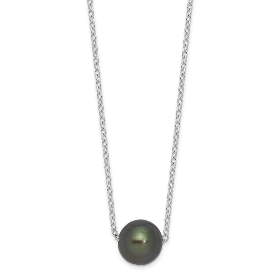 Sterling Silver Rhodium-plated 8-9mm Black Semi-Round Tahitian Saltwater Cultured Pearl 17 inch Necklace