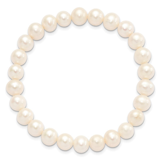 Sterling Silver Rhodium-plated 7-8mm White Near-Round Freshwater Cultured Pearl 18 inch Necklace, Stretch Bracelet and Button Post Earrings Set