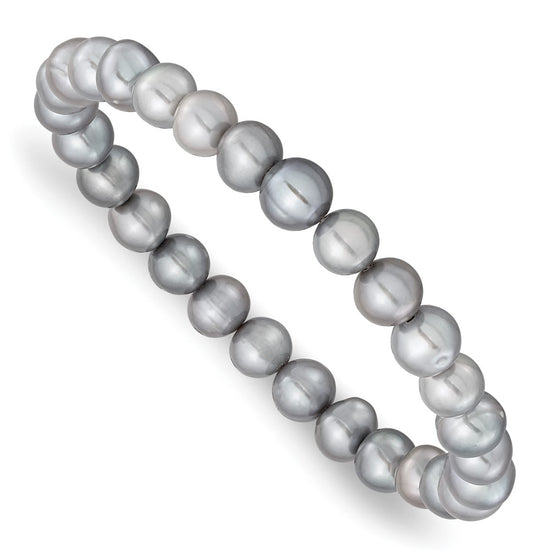 Sterling Silver Rhodium-plated 7-8mm Grey Near-Round Freshwater Cultured Pearl 18 inch Necklace, Stretch Bracelet and Button Post Earrings Set