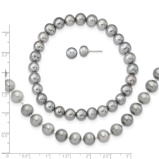 Sterling Silver Rhodium-plated 7-8mm Grey Near-Round Freshwater Cultured Pearl 18 inch Necklace, Stretch Bracelet and Button Post Earrings Set