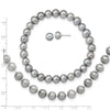 Sterling Silver Rhodium-plated 7-8mm Grey Near-Round Freshwater Cultured Pearl 18 inch Necklace, Stretch Bracelet and Button Post Earrings Set