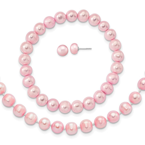 Sterling Silver Rhodium-plated 7-8mm Pink Near-Round Freshwater Cultured Pearl 18 inch Necklace, Stretch Bracelet and Button Post Earrings Set