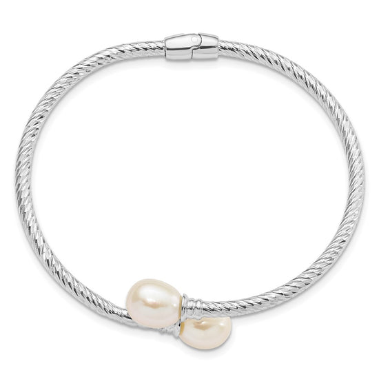 Sterling Silver Rhodium-plated 8-9mm White Rice Freshwater Cultured Pearl Hinged Bangle