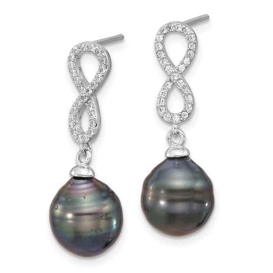 Sterling Silver Rhodium-plated 9-10mm Black Teardrop Tahitian Saltwater Cultured Pearl and CZ Infinity 16.75 inch Necklace and Post Dangle Earrings Set
