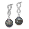 Sterling Silver Rhodium-plated 9-10mm Black Teardrop Tahitian Saltwater Cultured Pearl and CZ Infinity 16.75 inch Necklace and Post Dangle Earrings Set